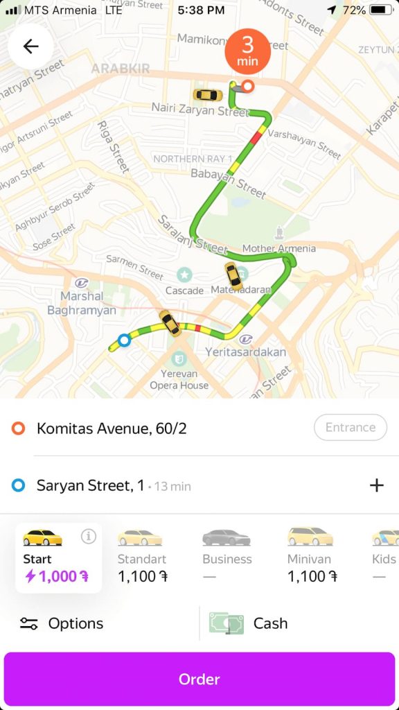 yandex screenshot - yerevan taxi guide
