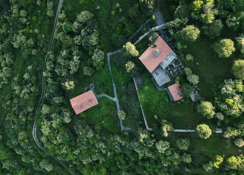 Above the fortress complex with a drone