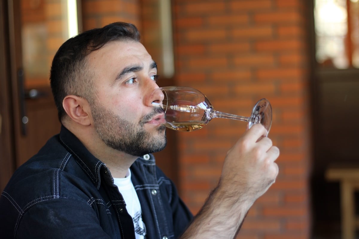 Drinking white Armenian wine 